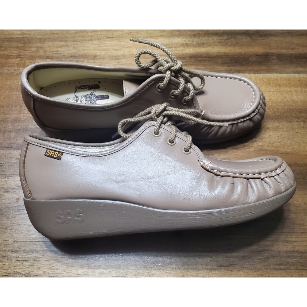 SAS Shoes Womens‎ Bounce 8M Mocha Tan Leather Lace Up Wedge Moccasin Comfort EUC